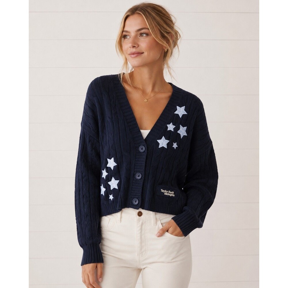 Taylor Swift Midnights Navy Star Cardigan Sweater XS/S Cable Knit Button Front